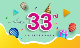 33 Jahre Jahrestag Feier Design, mit Geschenk Box und Luftballons, Band, bunt Vektor Vorlage Elemente zum Ihre Geburtstag feiern Party.