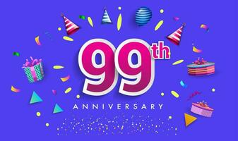 99 .. Jahre Jahrestag Feier Design, mit Geschenk Box und Luftballons, Band, bunt Vektor Vorlage Elemente zum Ihre Geburtstag feiern Party.