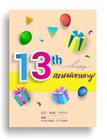 10:e år årsdag inbjudan design, med gåva låda och ballonger, band, färgrik vektor mall element för födelsedag firande fest.