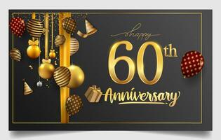 60:e år årsdag design för hälsning kort och inbjudan, med ballong, konfetti och gåva låda, elegant design med guld och mörk Färg, design mall för födelsedag firande vektor