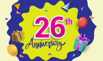 26: e år årsdag firande design, med gåva låda och ballonger, band, färgrik vektor mall element för din födelsedag fira fest.