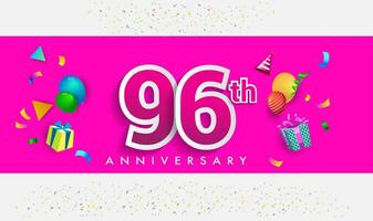 96: e år årsdag firande design, med gåva låda och ballonger, band, färgrik vektor mall element för din födelsedag fira fest.