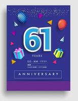 61: a år årsdag inbjudan design, med gåva låda och ballonger, band, färgrik vektor mall element för födelsedag firande fest.