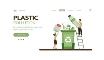 Menschen Sammeln Plastik Müll in Recycling Müll Behälter. Zeichen Sortierung das Müll. Plastik Verschmutzung Problem Konzept. eben Karikatur Vektor Illustration.