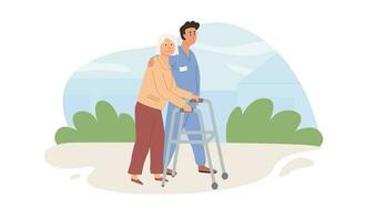 en vårdgivare och gammal ålder kvinna med rollator utomhus. assisterad levande begrepp. volontär- portion äldre lady. scen av social arbetstagare gående med senior person i natur. vektor platt illustration.