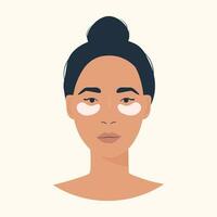 en kvinna karaktär använder sig av öga plåster. hud vård rutin. ansiktsbehandling skönhet Produkter för anti-åldring. kvinnor tar vård av henne ansikte. färgad vektor illustration isolerat på vit bakgrund.