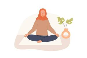 gravid muslim kvinna mediterar på Hem. prenatal yoga. modern arab mamma i hijab Sammanträde med ben korsade praktiserande meditation. avkopplande övning under graviditet. platt stil vektor illustration.