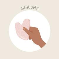 gua sha kratzen Massage Werkzeug halten durch Hand. natürlich Rosa Rose Quarz Stein Schaber. Gesichts- Massage. Gesicht Heben. Haut Pflege. modisch Schönheit Behandlung. Vektor eben Illustration isoliert auf Weiß.