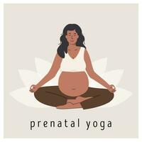 gravid svart kvinna mediterar utomhus. prenatal yoga. afrikansk mörk hud kvinna i parkera Sammanträde med ben korsade praktiserande meditation. avkopplande övning under graviditet. platt vektor illustration.