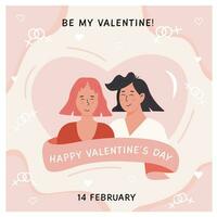 valentines dag fyrkant hälsning kort mall för social media. lesbisk par. porträtt av förtjusande ung kvinnor. homosexuell romantisk partners. vektor platt stil illustration