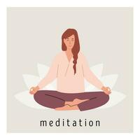 fyrkant affisch med ung kvinna mediterar på lotus blomma och håller på med yoga andas träning. kvinna praktiserande pranayama. kort med fånga meditation. platt stil vektor illustration.