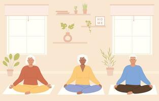 Gruppe von Alten vielfältig Menschen mit gekreuzt Beine und geschlossen Augen meditieren beim heim. Senior alt Alter Person Sitzung im gemütlich Zimmer und üben Yoga oder Achtsamkeit Meditation. Vektor eben Illustration