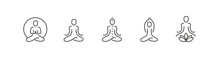 yoga vektor uppsättning. översikt ikon samling för buddist reträtt, andlig öva eller vipassana meditation. sadhu styrelse. huvud med annorlunda mental stat.