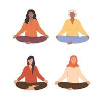 uppsättning av olika kvinna och manlig människor mediterar och håller på med yoga andas träning. äldre och ung kvinna och man praktiserande meditation. vektor illustration tecken isolerat på vit bakgrund.