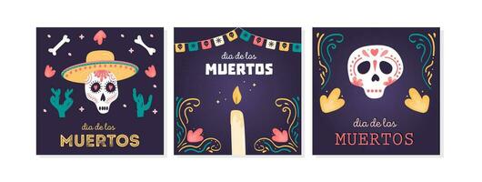 uppsättning av social media posta fyrkant kort med socker skallar för mexikansk nationell Semester dag av de död. festlig baner mallar för dia de los muertos med calavera catrina. vektor platt illustration.