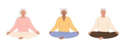 uppsättning av modern äldre kvinna och manlig med korsade ben stängd ögon mediterar. senior gammal ålder kvinna och man praktiserande yoga, meditation, andas andlig öva. isolerat vektor illustration.