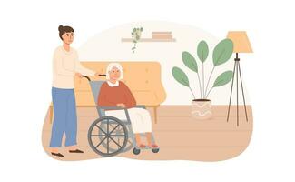 bostads- vård anläggningen. social arbetstagare tar vård av Inaktiverad äldre person på rullstol. gammal ålder kvinna levande i senior hus. Hem vård tjänster för pensionerad människor. vektor platt illustration.