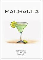 ai generiert zeitgenössisch Poster von Margarita Cocktail Rezept mit Limette Keil, geschnitten Zitrone Keil. klassisch alkoholisch Getränk. modern modisch drucken. Farbe detailliert skizzieren Illustration. vektor