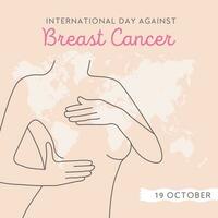 internationell dag mot bröst cancer. linje konst kvinna med värld Karta på bakgrund. vektor platt stil fyrkant baner eller kort med kvinna översikt silhuett. bröst cancer medvetenhet månad