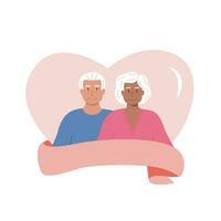 Lycklig valentines dag fyrkant hälsning kort med modern senior människor. äldre söt mormor och farfar i kärlek. olika gammal ålder par. vektor illustration i platt stil.