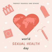 värld sexuell hälsa dag hälsning kort. preventivmedel objekt för säker sex. preventivmedel metoder. födelse kontrollera. sex pedagogisk baner. vektor illustration i platt tecknad serie stil.