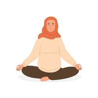 gravid muslim kvinna mediterar på Hem. prenatal yoga. modern arab mamma i hijab Sammanträde med ben korsade praktiserande meditation. avkopplande övning under graviditet. platt stil vektor illustration.