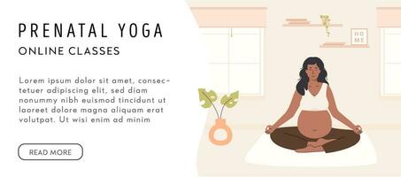 gravid svart kvinna mediterar utomhus. prenatal yoga. afrikansk mörk hud kvinna i parkera Sammanträde med ben korsade praktiserande meditation. avkopplande övning under graviditet. platt vektor illustration.