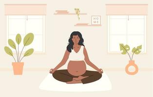 gravid svart kvinna mediterar utomhus. prenatal yoga. afrikansk mörk hud kvinna i parkera Sammanträde med ben korsade praktiserande meditation. avkopplande övning under graviditet. platt vektor illustration.