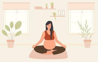 gravid kvinna mediterar på Hem. prenatal yoga. kvinna Sammanträde med ben korsade praktiserande meditation. avkopplande övning under graviditet. mor med mage på en matta. platt stil vektor illustration.