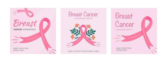 uppsättning av vektor kort för bröst cancer medvetenhet månad. samling av fyrkant baner mallar för bröst- cancer kampanj med rosa tecknad serie band och blommig dekoration. platt stil illustration.