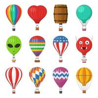 Aerostat Ballon Transport mit Korb einstellen isoliert auf Weiß Hintergrund, Karikatur Luftballon anders Formen Ballonfahren Abenteuer Flug, aufgebläht Reisen fliegend Spielzeug, Vektor Illustration