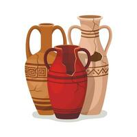 uppsättning av antik amfora med två handtag. bruten gammal lera vaser burkar, gammal traditionell årgång pott. keramisk kanna arkeologisk artefakter. grekisk eller roman fartyg krukmakeri för vin eller olja. vektor