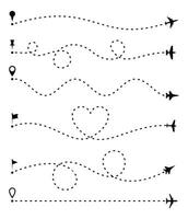 Flugzeug Route Satz, gestrichelt Linie Spur und Flugzeug Routen isoliert auf Weiß. Flugzeug Linie Weg, Flugzeuge und Stifte Symbole. Flugzeug gerichtet Weg, Karte gepunktet Weg und fliegen Richtung. Vektor