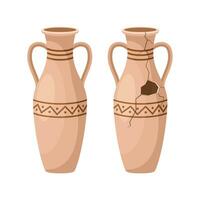 ganze und gebrochen uralt Amphora Symbol mit zwei Griffe. Antiquität Lehm Vase Krug, alt traditionell Jahrgang Topf. Keramik Krug archäologisch Artefakt. griechisch oder römisch Schiff Keramik zum Wein oder Öl. Vektor