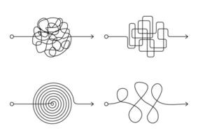 wahnsinnig unordentlich Linie Satz, kompliziert Schlaufe Weg auf Weiß Hintergrund. verheddert kritzeln Weg, chaotisch schwierig Prozess Weg. gebogen schwarz Linie, lösen ein Komplex Problem oder Suche. Vektor Illustration