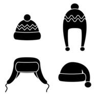 Winter Hüte einstellen schwarz Symbole isoliert auf Weiß Hintergrund. Stricken Kopfbedeckungen und Kappen zum kalt Wetter. draussen Kleidung. Vektor Illustration.