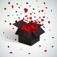 öffnen schwarz Geschenk Box und Herz Konfetti. Weihnachten und Valentinstag Hintergrund. Vektor Illustration