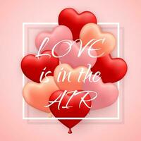 Liebe ist im er Luft, glücklich Valentinsgrüße Tag, Rot, Rosa und Orange Ballon im bilden von Herz mit Schleife. Vektor Illustration