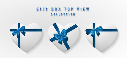 einstellen Weiß Herz gestalten Geschenk Box mit Bogen und Band oben Sicht. Element zum Dekoration Geschenke, Grüße, Feiertage. Vektor Illustration