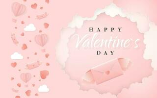 glücklich Valentinsgrüße Tag Einladung Karte Vorlage mit Origami Papier Brief, Wolken und Konfetti. Rosa Hintergrund. Vektor Illustration