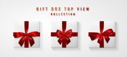 uppsättning vit gåva låda med röd rosett och band topp se. element för dekoration gåvor, hälsningar, högtider. vektor illustration