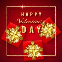 Lycklig valentines dag gyllene glitter gnistra. röd gåva låda med en guld rosett och band topp se. element för dekoration gåvor, hälsningar, högtider. vektor illustration
