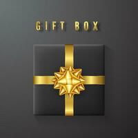 svart gåva låda med gyllene rosett och band topp se. element för dekoration gåvor, hälsningar, högtider. vektor illustration