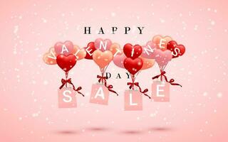 Verkauf, glücklich Valentinsgrüße Tag Hintergrund, Rot, Rosa und Orange Ballon im bilden von Herz mit Bogen und Band und Papier Einkaufen Tasche. Vektor Illustration