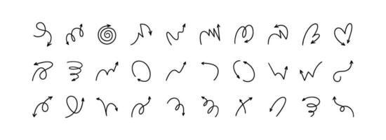 kurva klotter pil uppsättning. tunn linje hand dragen vektor illustration. skiss penna och penna klottra teckning. vänster, upp, ner, sida, korsa, vågig, spiral, virvel, virvla runt rörelse riktning.