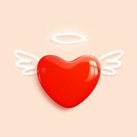 glansig 3d hjärta ikon realistisk stil. röd tecknad serie hjärta med vit neon vingar för ljus bakgrunder. kärlek symbol för hälsning kort, banderoller för hjärtans dag. vektor illustration