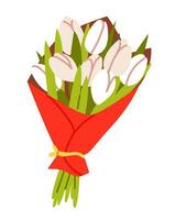 Strauß von Weiß Tulpen. Blumen im Verpackung Papier. Blumen- Design Vorlagen zum Damen und Mutter Tag. eben Vektor Illustration