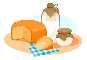 Molkerei Produkte Satz. Milch und und Käse auf das Küche Tisch. organisch hausgemacht Lebensmittel. Karikatur Vektor Illustration