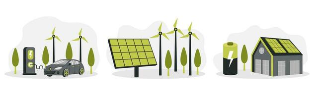 grön energi. smart rutnät. förnybar. hus med batteri, väderkvarnar och sol- energi paneler, elektrisk bil nära laddning station. vektor