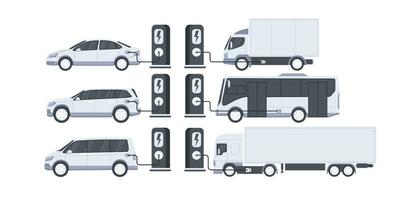 elektrisk fordon. elektrisk bilar flotta laddning på parkering massa med laddare stationer. uppsättning av elektrisk fordon buss, lastbil, skåpbil, företag fordon. vektor